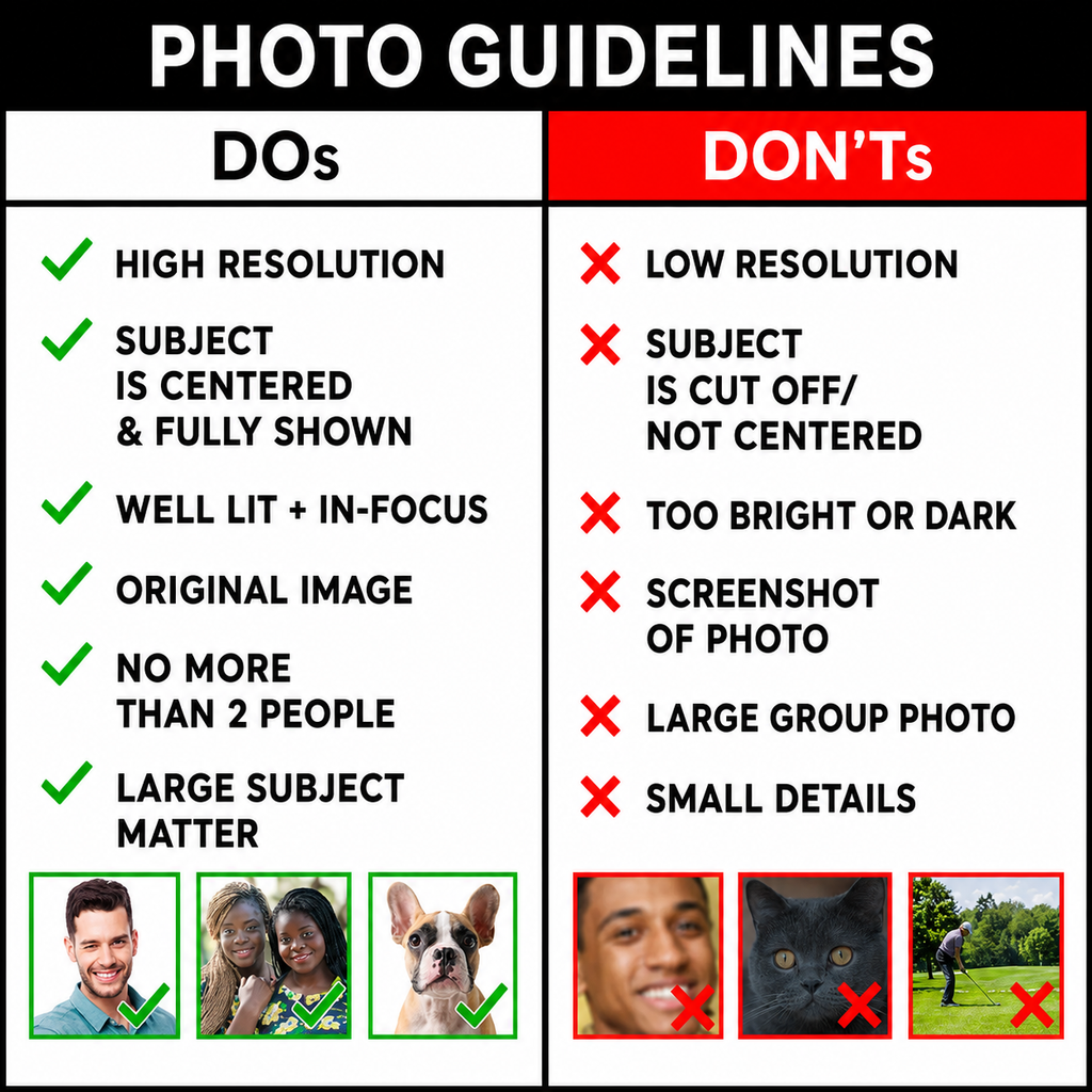 A photo guidelines infographic with a black header reading 'PHOTO GUIDELINES' and a split table labeled 'DOs' and 'DON'Ts' with checklist items and example photos.