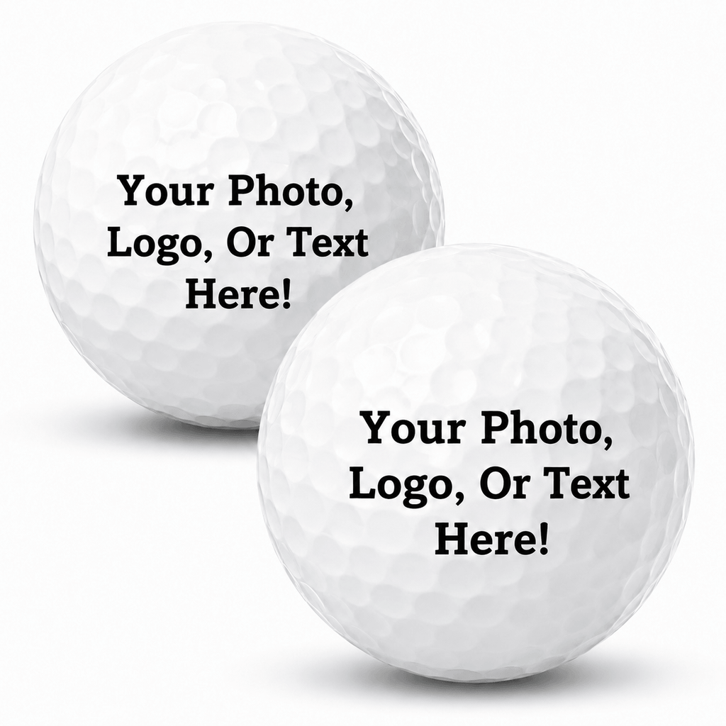 Two white golf balls on a light gray background, each printed with the placeholder text 'Your Photo, Logo, Or Text Here!