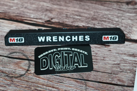 WRENCHES 3D printed label with M18 icons and DigitalTimber card