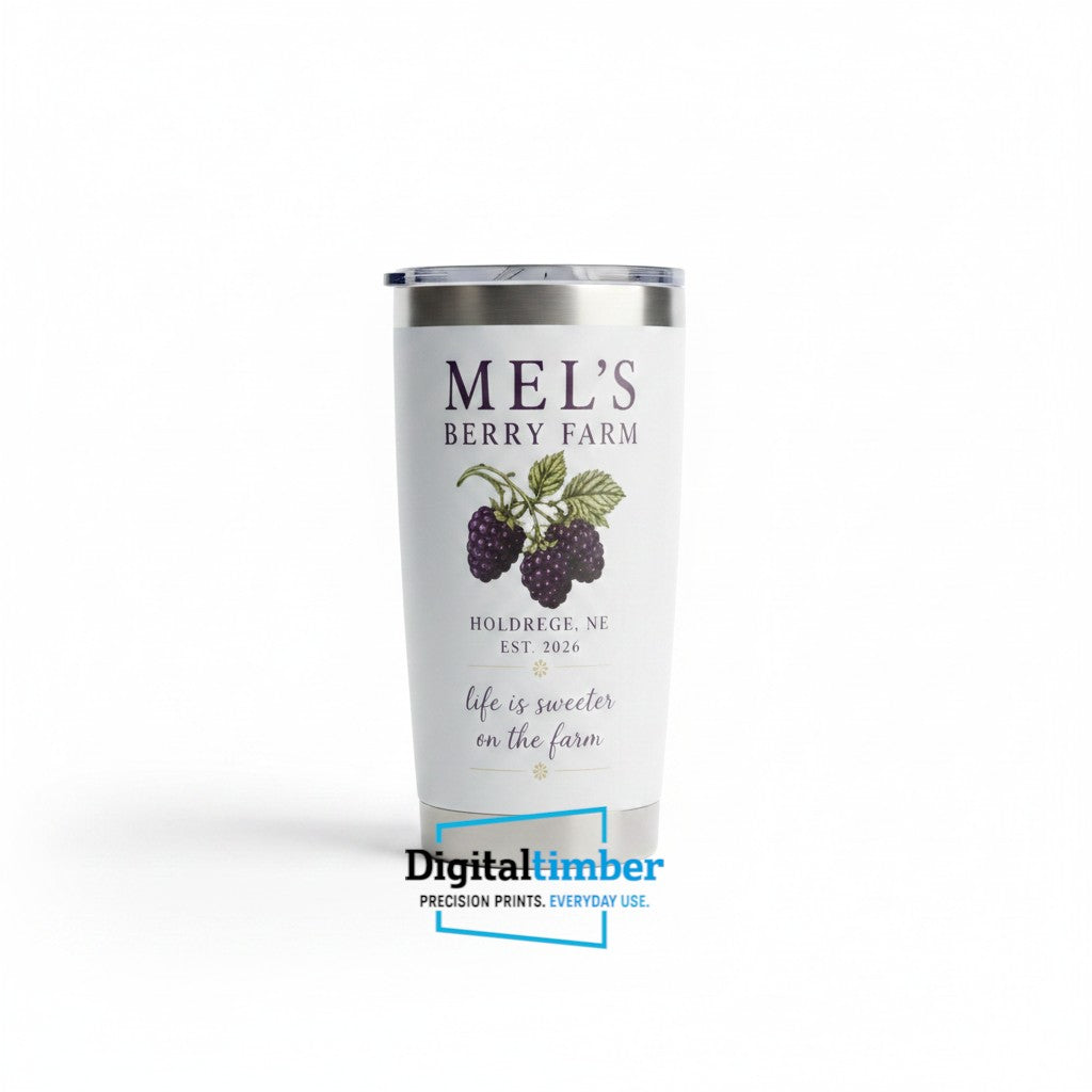A white insulated tumbler with a silver lid, featuring a custom printed design for 'Mel's Berry Farm' with blackberries and the phrase 'life is sweeter on the farm'. A 'Digital Timber' watermark is visible at the bottom.
