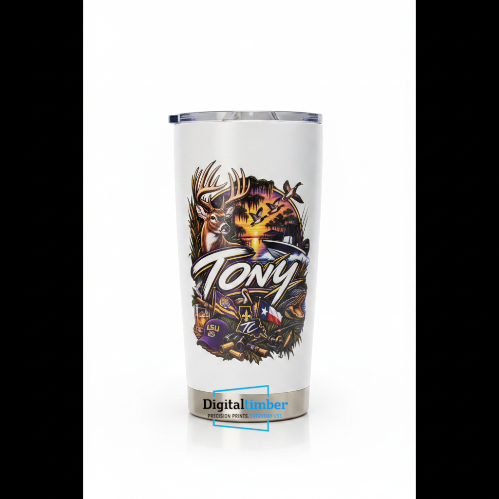 A white insulated travel tumbler with a clear lid, featuring a detailed hunting-themed graphic with the name 'Tony' in large white script. The graphic includes a deer with antlers, a rifle, a bow, and a hunting landscape.