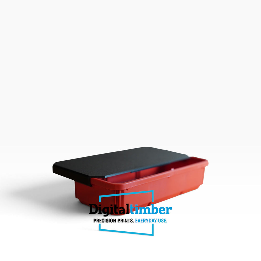 A red plastic drawer tray with a black lid, shown on a clean white background with a Digital Timber brand watermark overlay.