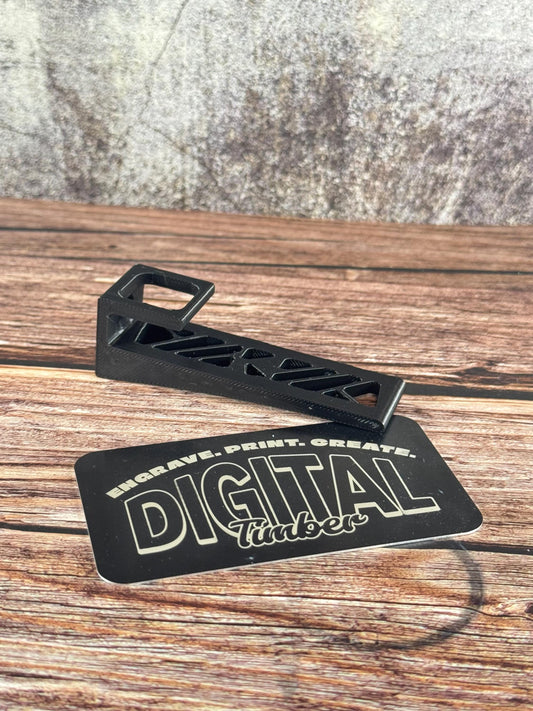 Side view of the hat holder with DigitalTimber branding