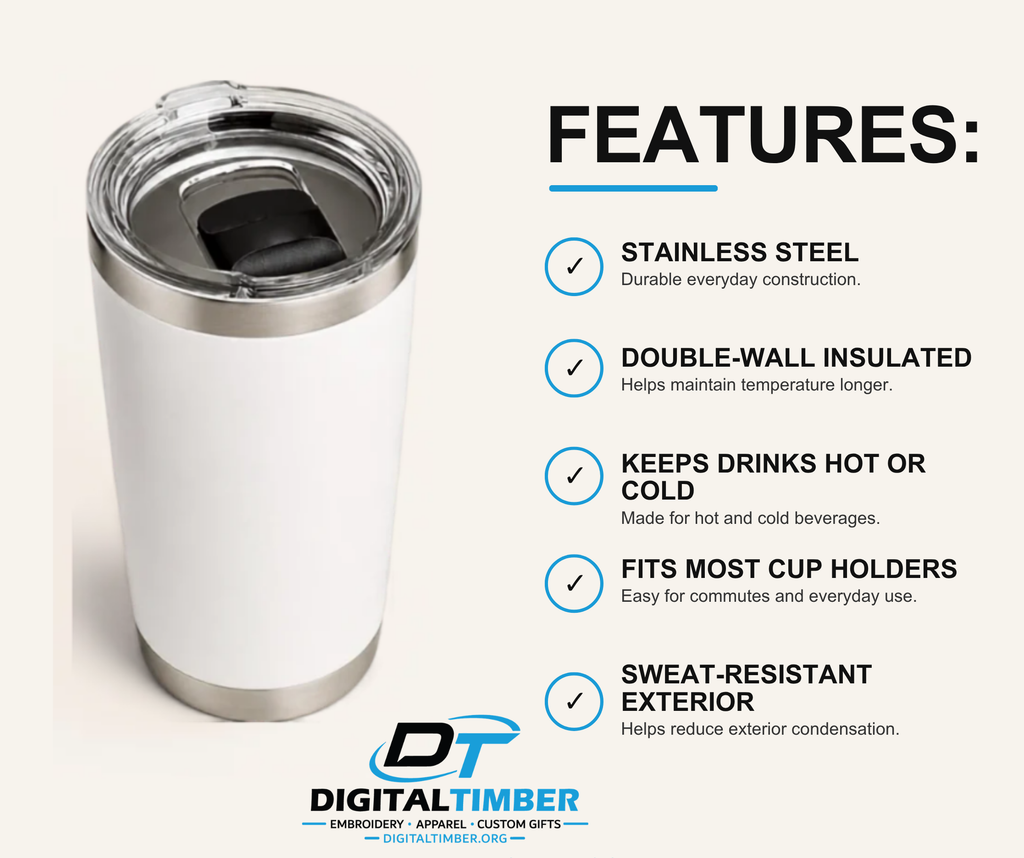 A white insulated stainless steel tumbler with a clear lid and black interior, shown next to a features list on a light beige background. The text highlights features like stainless steel construction, double-wall insulation, temperature retention, and sweat-resistant exterior.