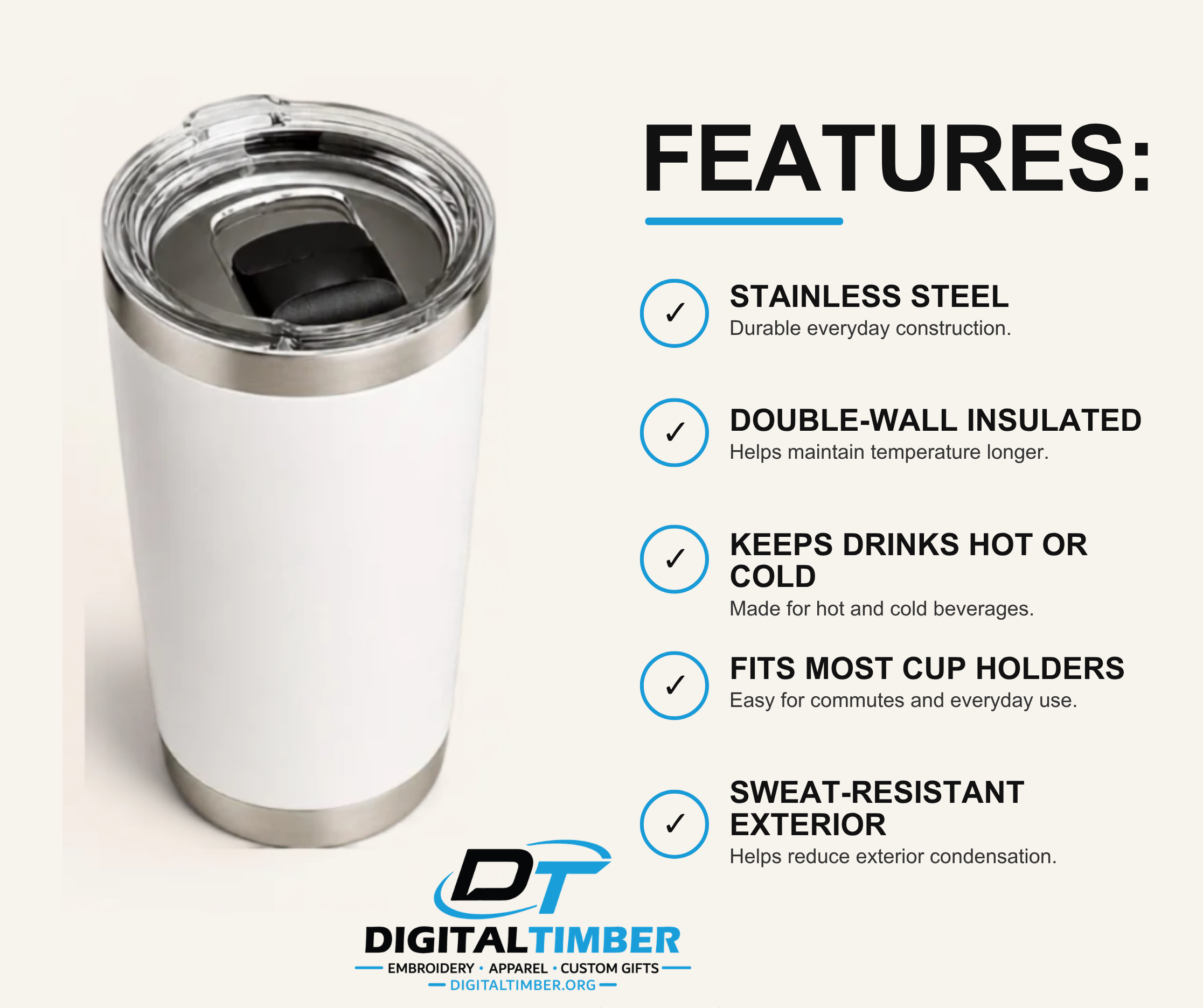 A white insulated stainless steel tumbler with a clear lid and black interior, shown next to a features list on a light beige background. The text highlights features like stainless steel construction, double-wall insulation, temperature retention, and sweat-resistant exterior.