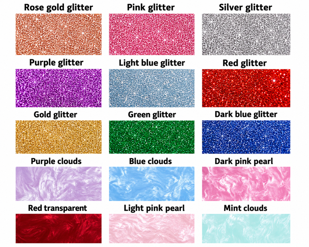 A color options chart showing multiple glitter and cloud texture swatches with labels including Rose gold glitter, Pink glitter, Silver glitter, Purple glitter, Light blue glitter, Red glitter, Gold glitter, Green glitter, Dark blue glitter, Purple clouds, Blue clouds, Dark pink pearl, Red transparent, Light pink pearl, and Mint clouds.
