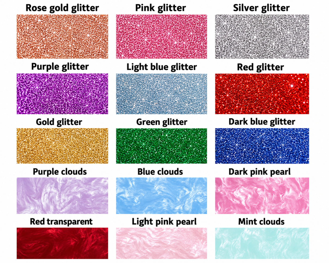 A color options chart showing multiple glitter and cloud texture swatches with labels including Rose gold glitter, Pink glitter, Silver glitter, Purple glitter, Light blue glitter, Red glitter, Gold glitter, Green glitter, Dark blue glitter, Purple clouds, Blue clouds, Dark pink pearl, Red transparent, Light pink pearl, and Mint clouds.