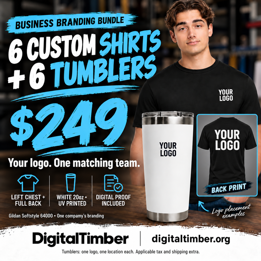 DigitalTimber business branding bundle graphic showing custom logo shirts and tumblers, six of each