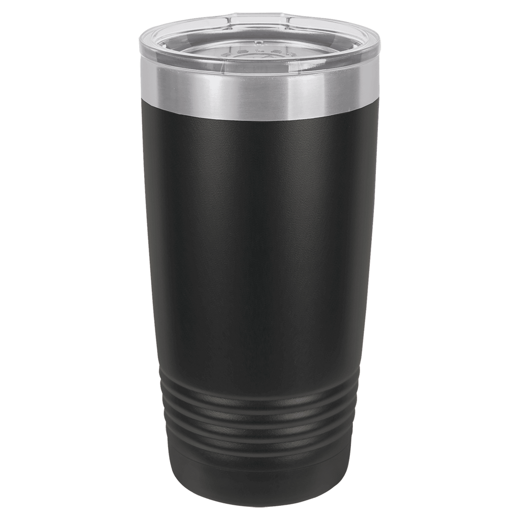 Black tumbler with a silver lid on a transparent background