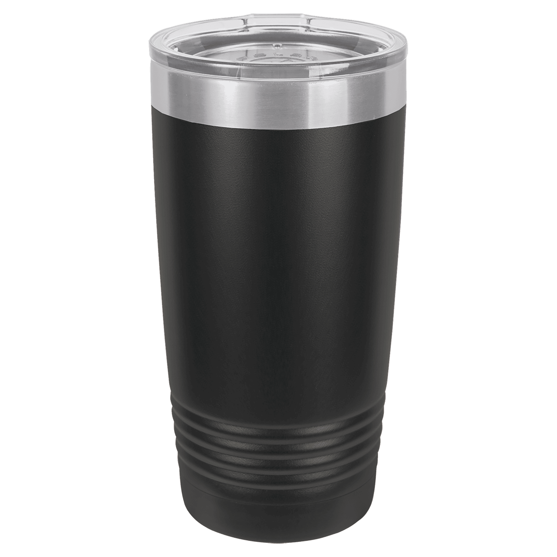 Black tumbler with a silver lid on a transparent background