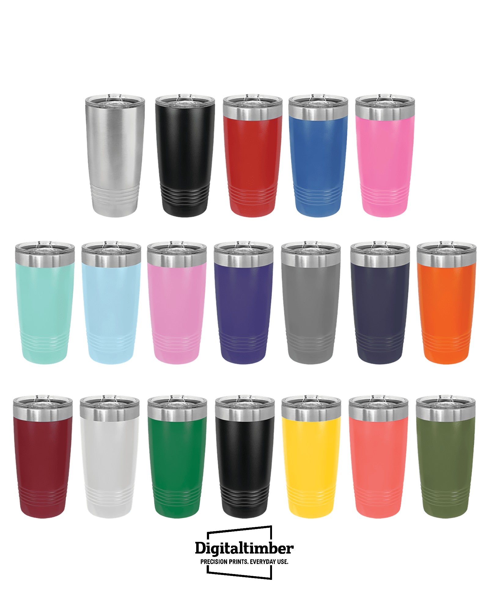 20oz stainless steel ringneck tumblers available in 16 colors including black, red, blue, pink, teal, purple, orange, and more — UV printed by DigitalTimber