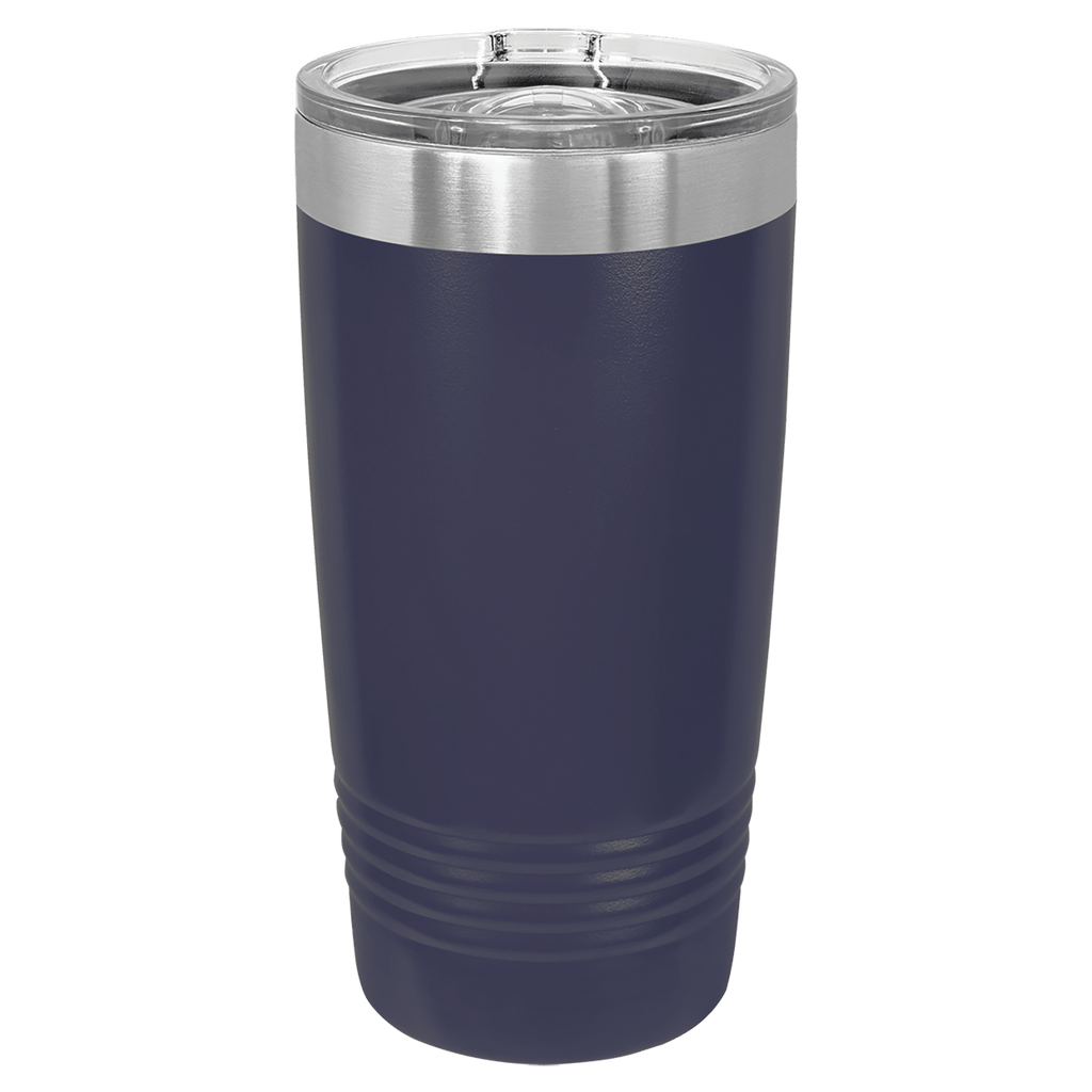 Navy blue tumbler with a silver lid on a transparent background