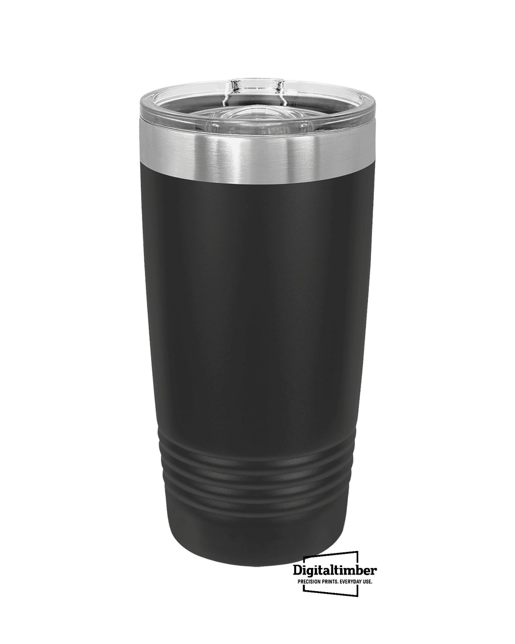 Blank 20oz black stainless steel ringneck tumbler with slider lid — ready for custom UV printing by DigitalTimber