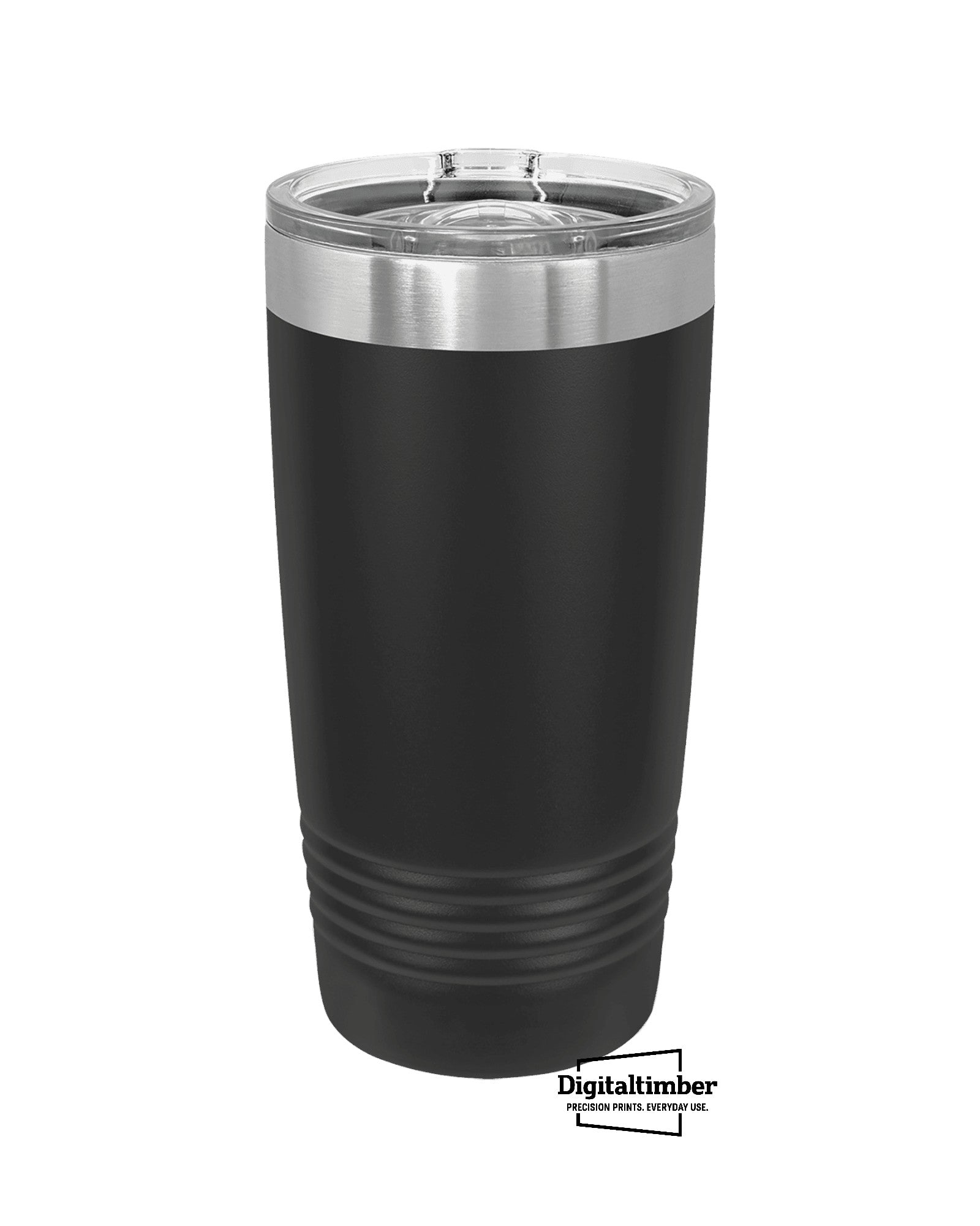Blank 20oz black stainless steel ringneck tumbler with slider lid — ready for custom UV printing by DigitalTimber