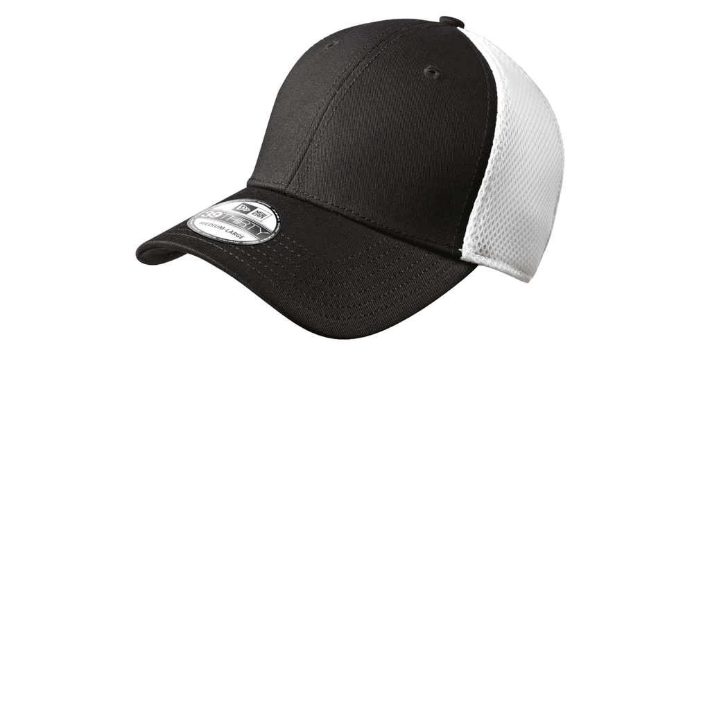 A black and white trucker-style baseball cap with a solid black front panel and brim, and a white mesh back, shown on a plain white background.