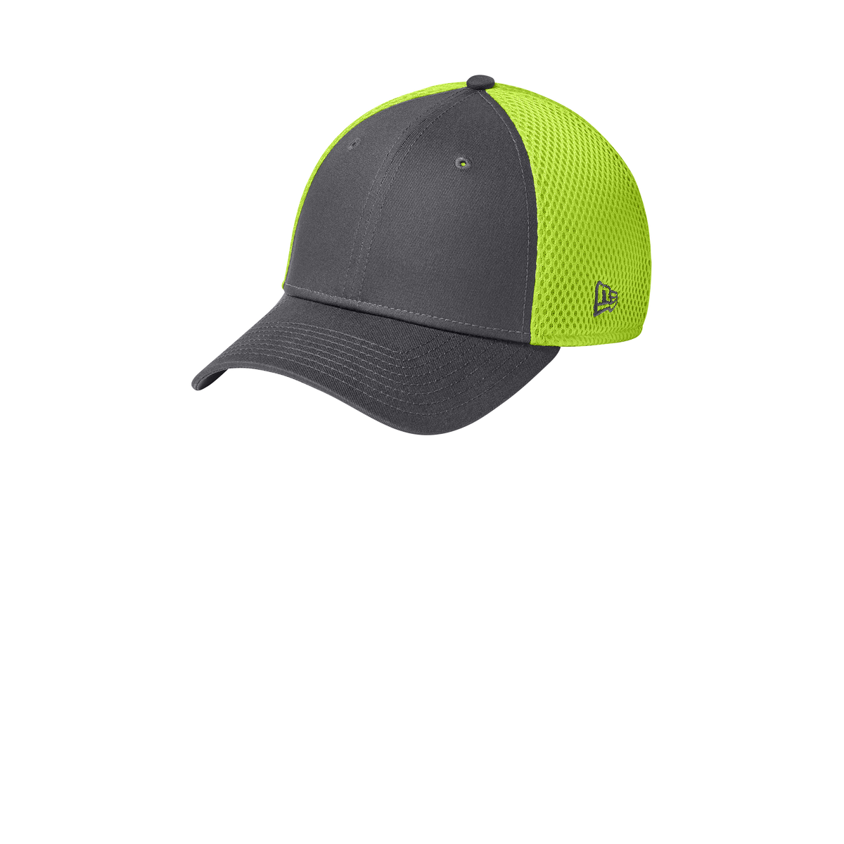 A two-tone trucker-style baseball cap with a dark gray front panel and brim, and a bright neon yellow-green mesh back, shown on a plain white background.