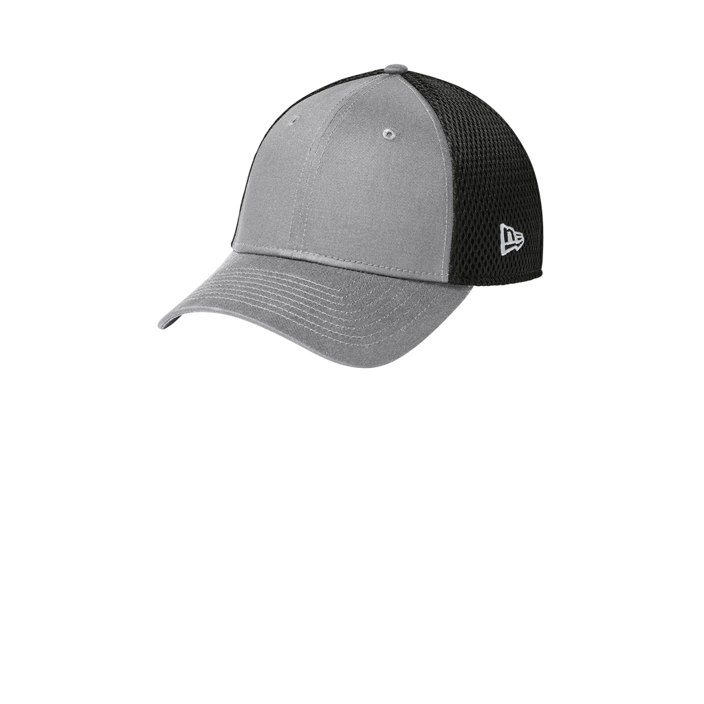 A gray and black trucker-style baseball cap with a structured gray front panel and brim, black mesh back panels, and a white New Era logo on the side.