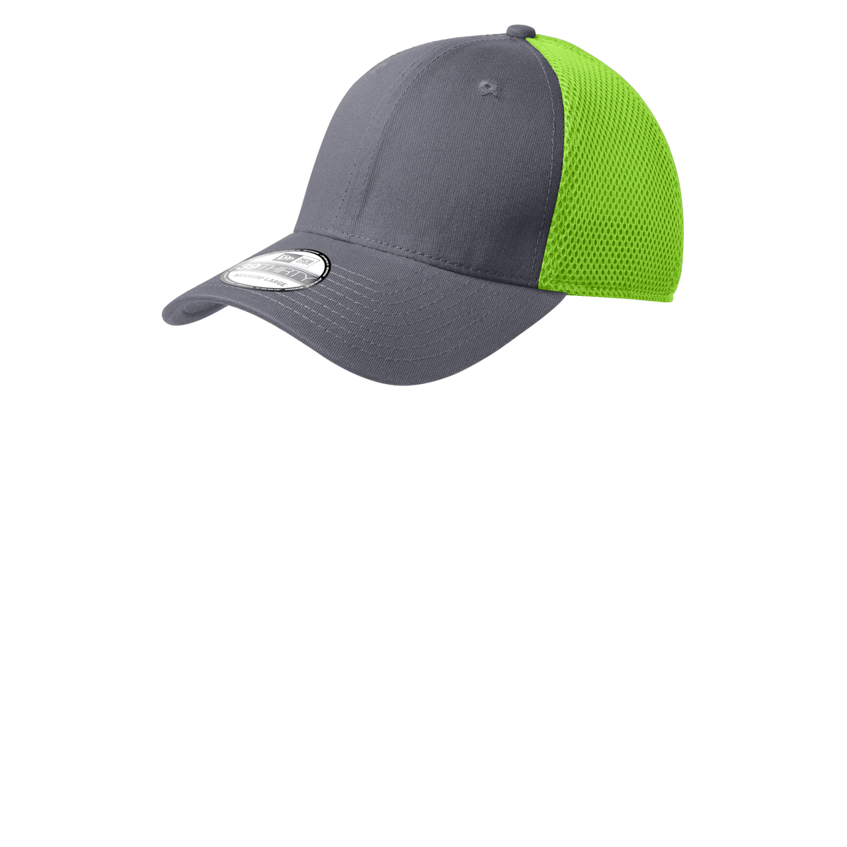 New Era NE1020 stretch mesh cap in Graphite/Cyber Green, blank before custom embroidery