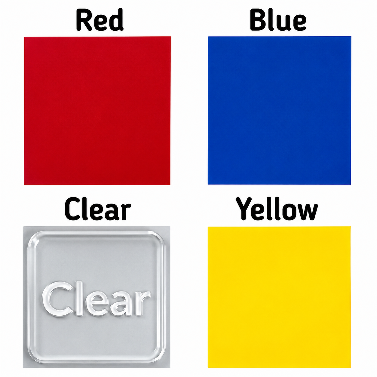 Four color options shown as square swatches on a white background: Red, Blue, Clear, and Yellow. The Clear swatch shows a transparent square sample with the word 'Clear' embossed in the center.