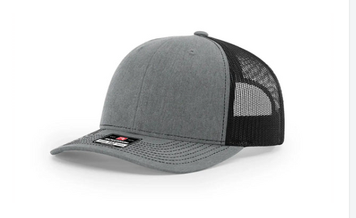 Gray and black Richardson 112 trucker cap on a white background