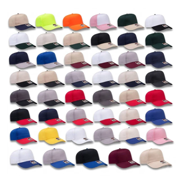 A grid of 45 baseball caps in various colors, including beige, navy, green, orange, pink, red, blue, yellow, and maroon, arranged on a plain white background.
