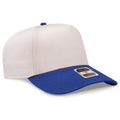 Two-tone beige and blue cap with a brand label on a white background