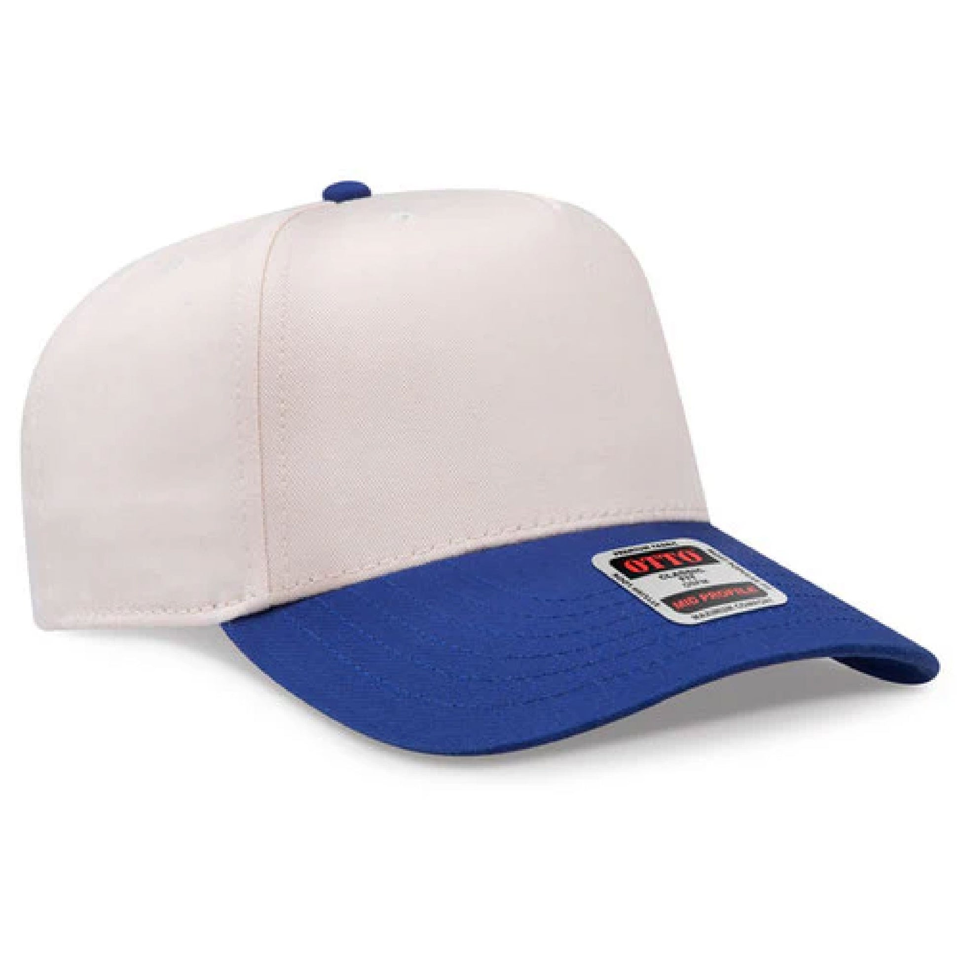 Two-tone beige and blue cap with a brand label on a white background