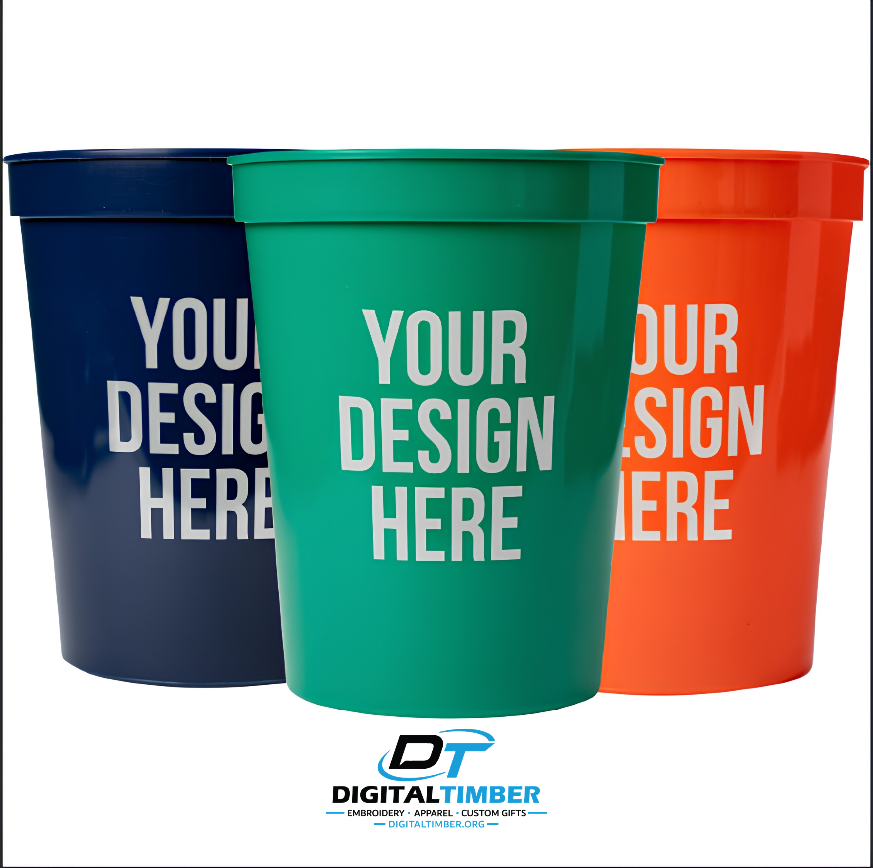 Three customizable plastic buckets in navy blue, green, and orange, arranged in a row on a white background. Each bucket features the text 'YOUR DESIGN HERE' in white.