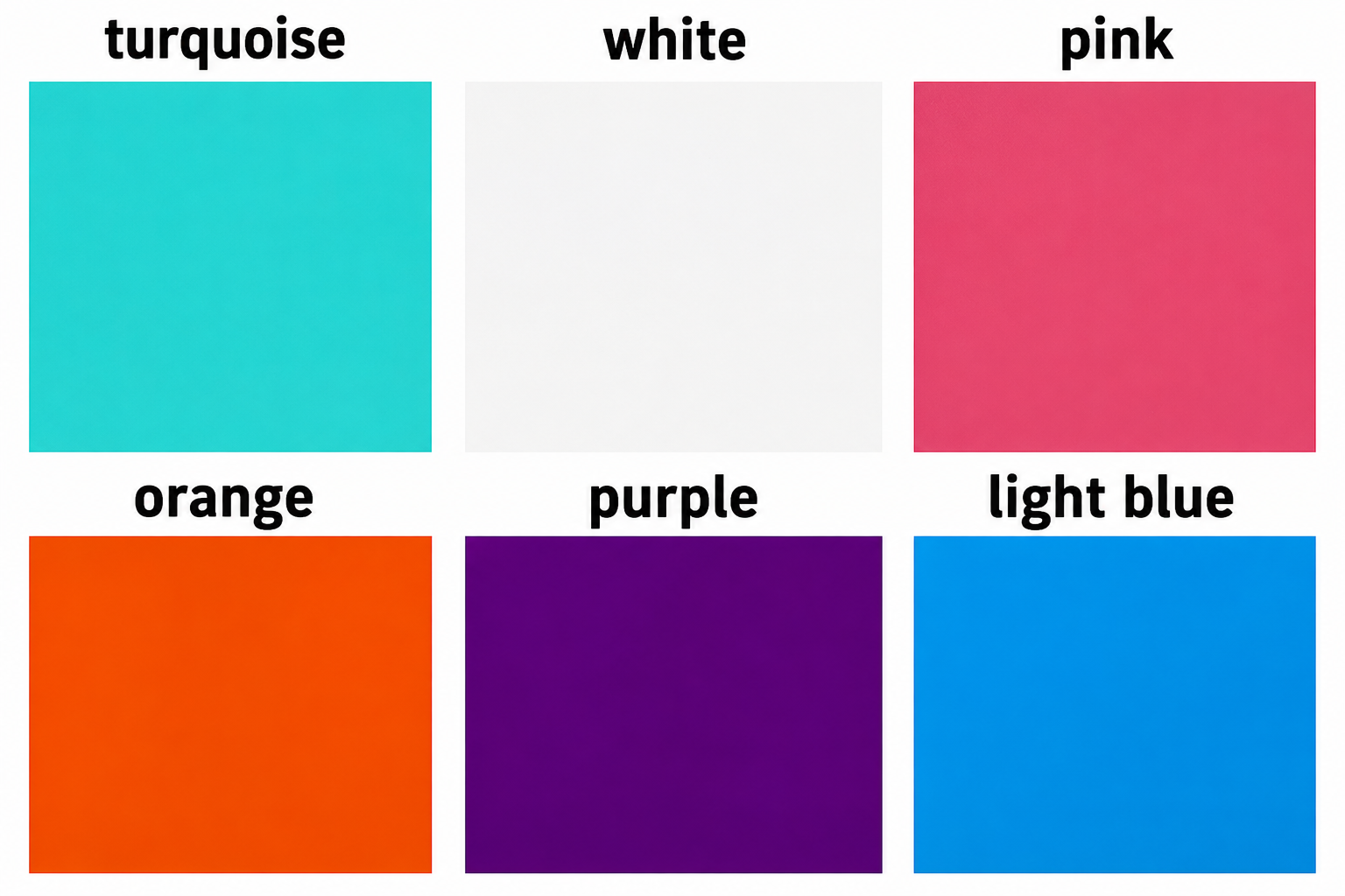A color-options chart showing six labeled color blocks: turquoise, white, pink, orange, purple, and light blue.