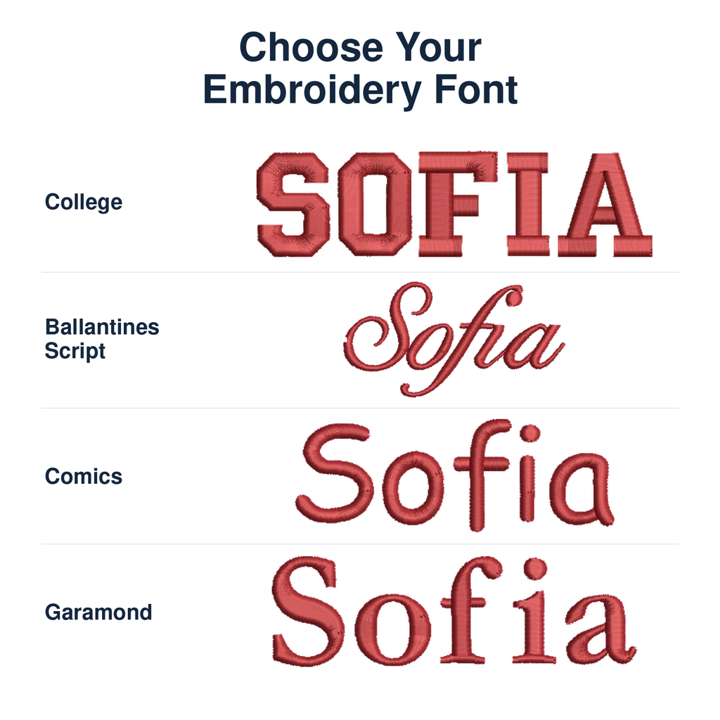 Embroidery font choices: College, Ballantines Script, Comics and Garamond