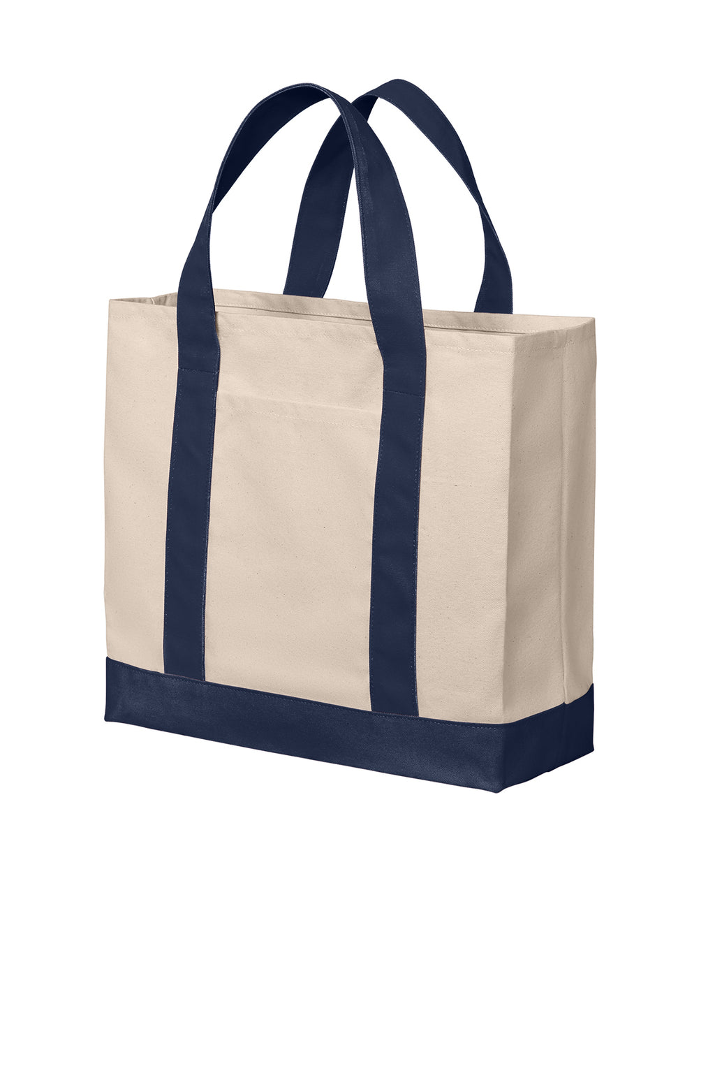 Port Authority BG429 canvas tote in Natural / River Blue Navy - left view, before embroidery
