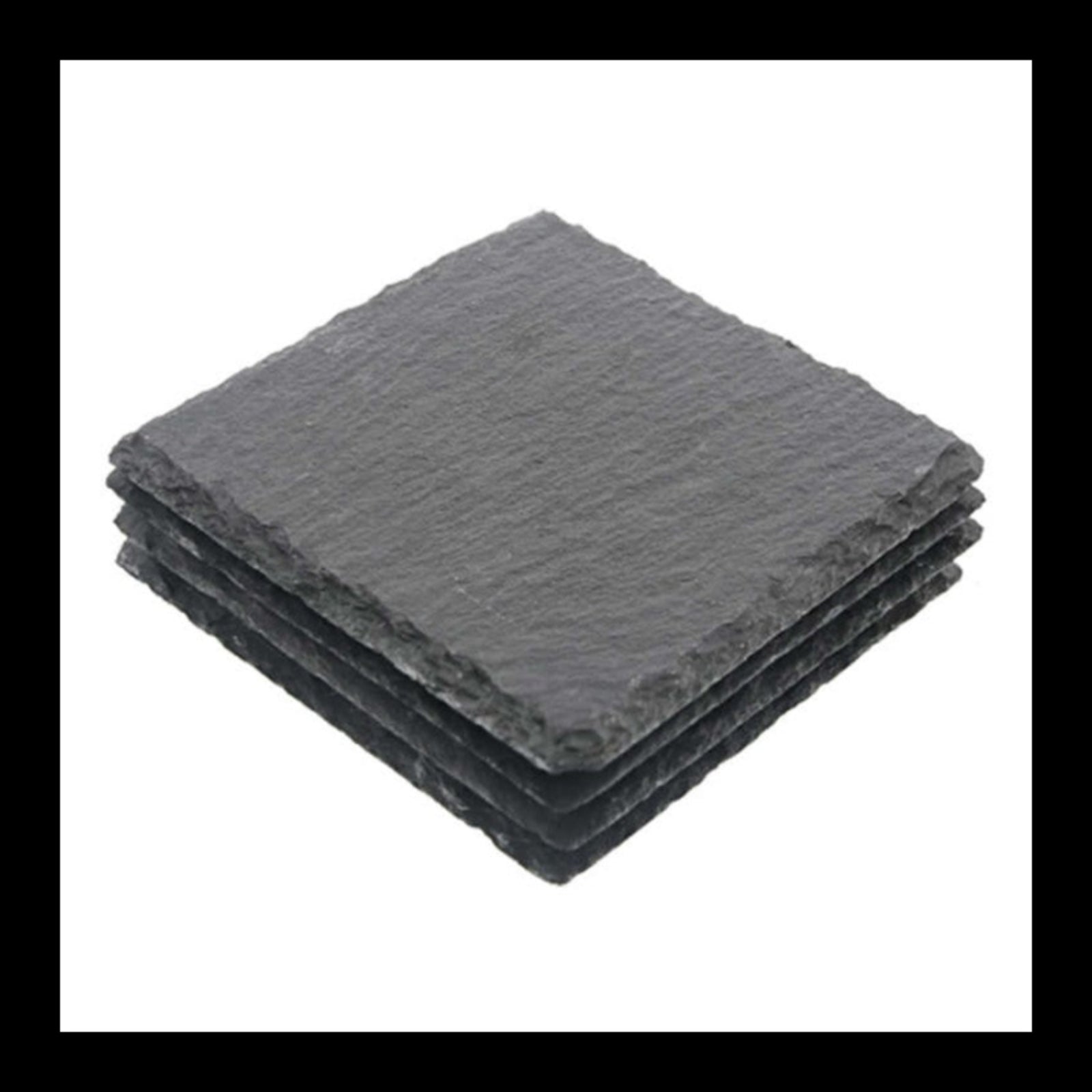 Set of four blank black square slate coasters stacked together with natural rough edges.