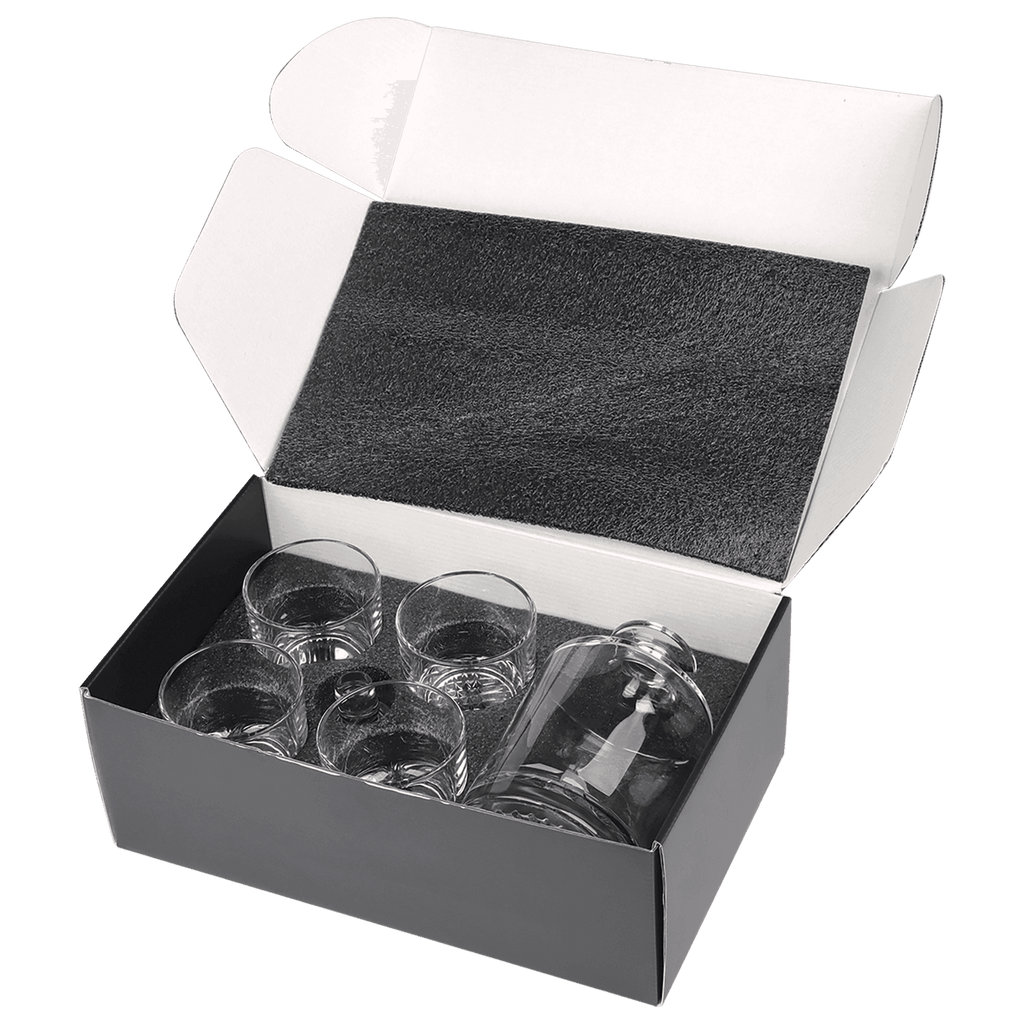 Set of glass tumblers in a black box with white lid