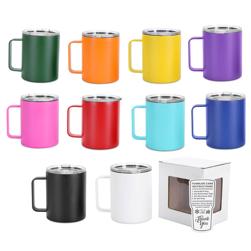 Set of colorful insulated mugs with a box labeled 'Tumbler Care' on a white background