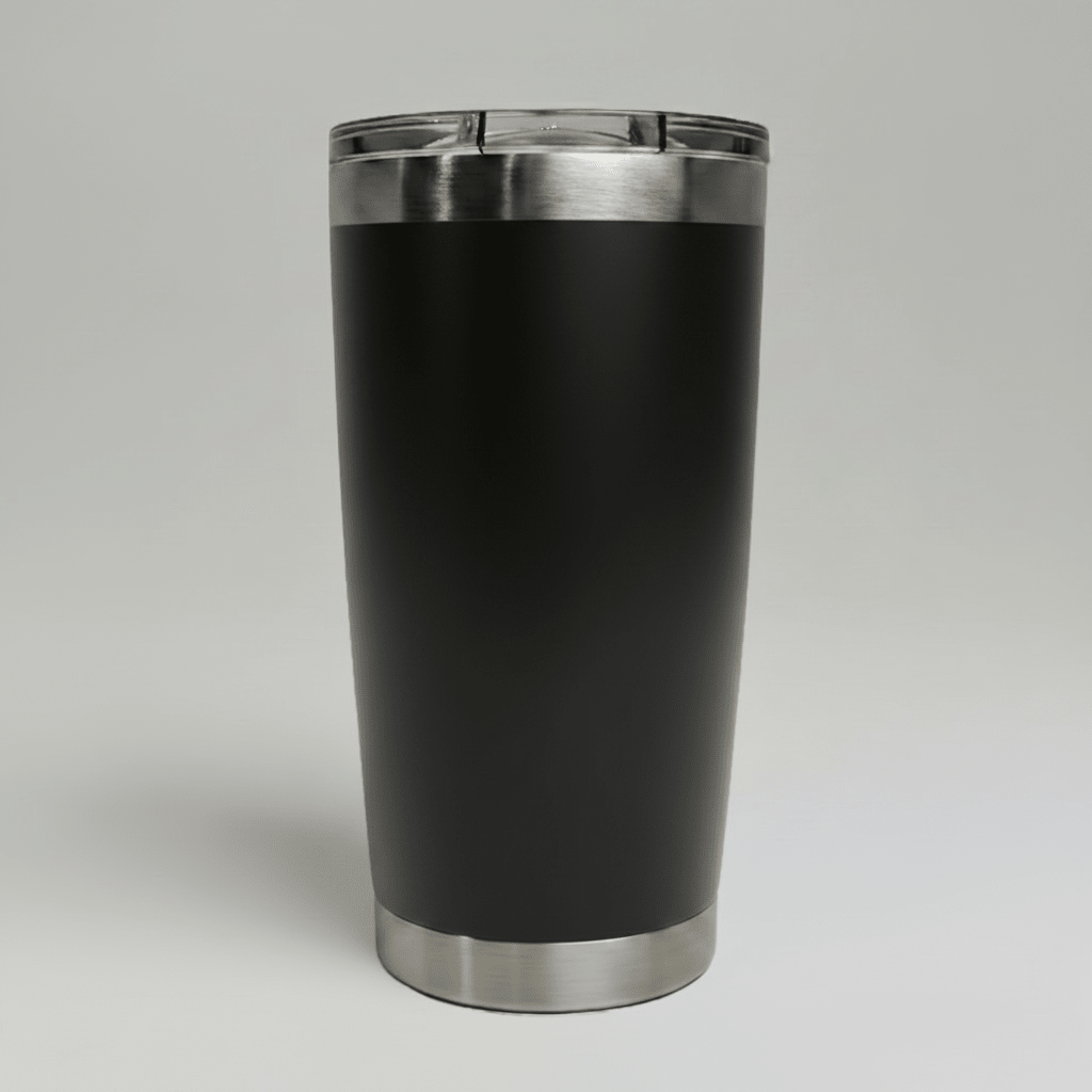 Black 20oz stainless steel tumbler with sliding lid; blank color reference for single-logo UV printing