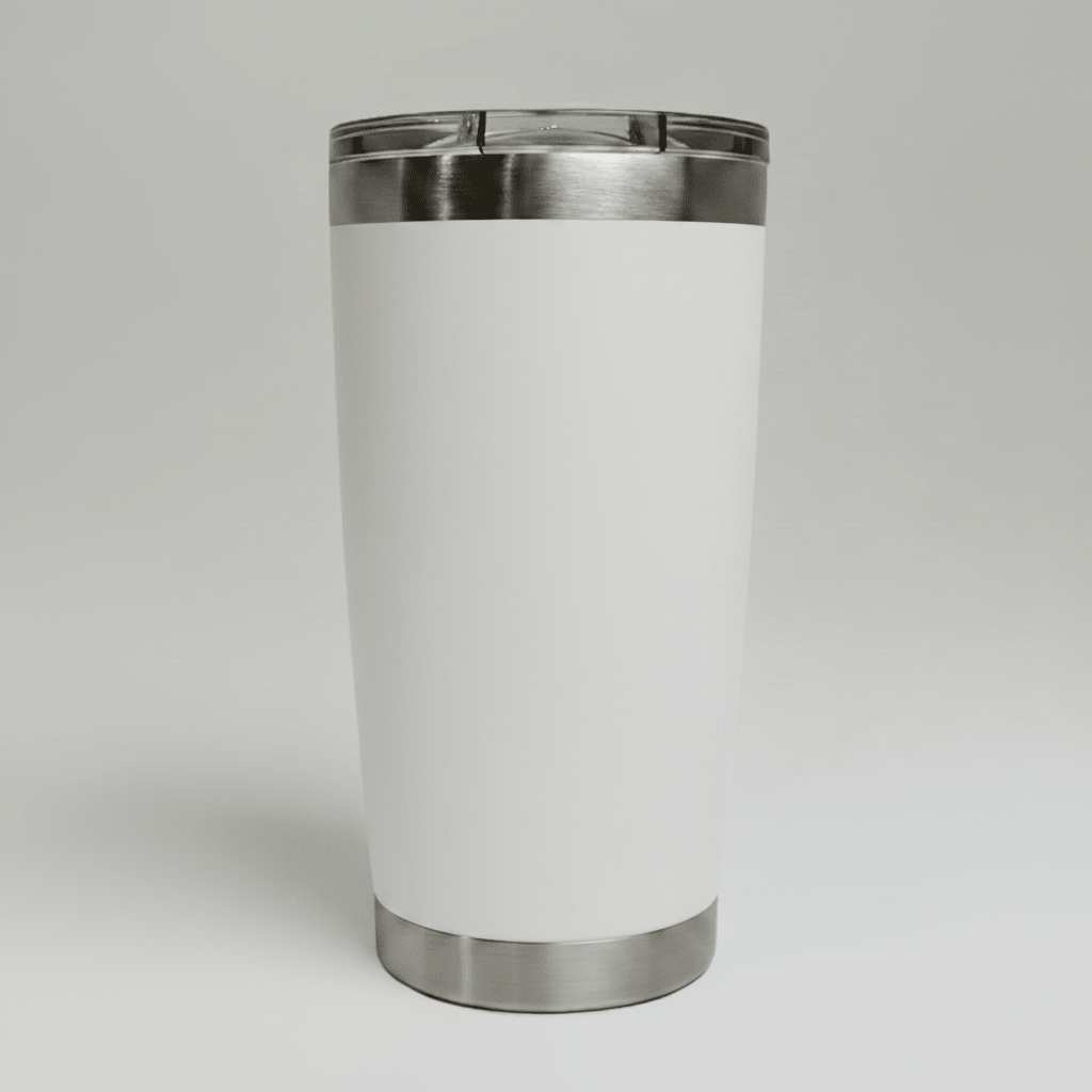 White 20oz stainless steel tumbler with sliding lid; blank color reference for single-logo UV printing