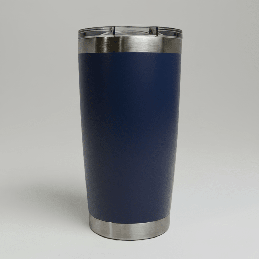 Navy 20oz stainless steel tumbler with sliding lid; blank color reference for single-logo UV printing