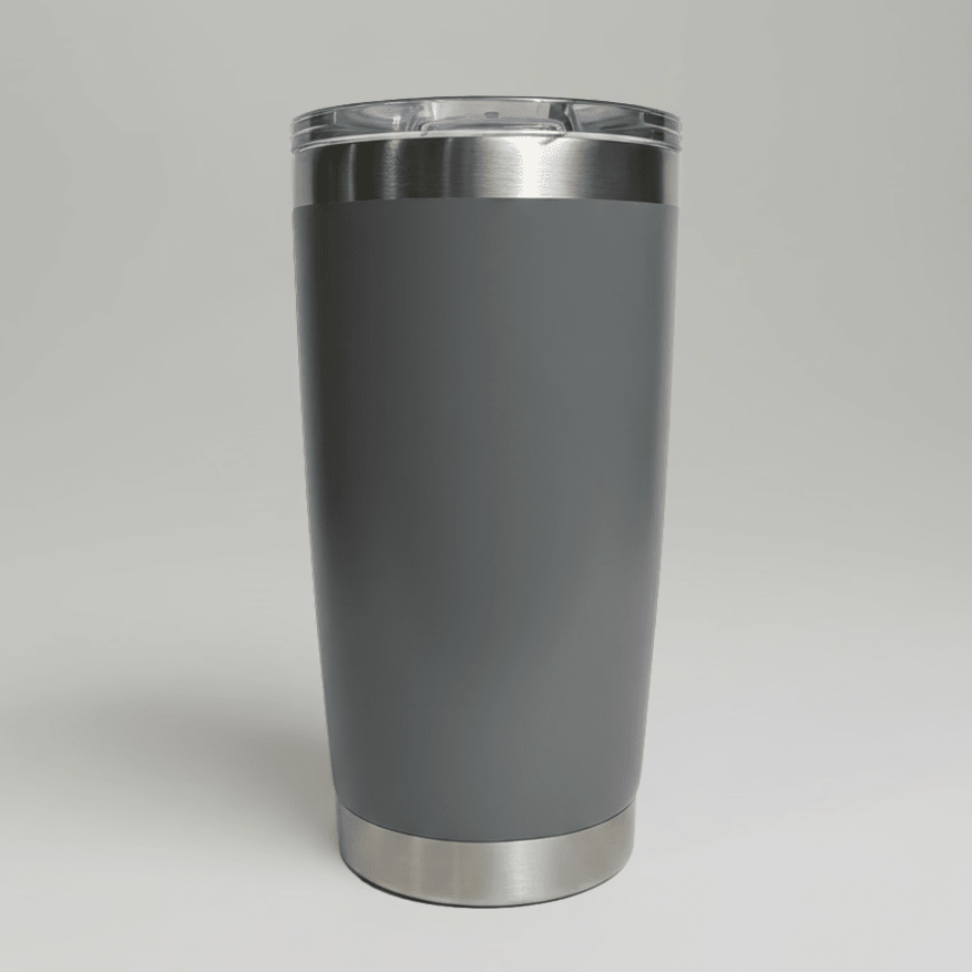 Gray 20oz stainless steel tumbler with sliding lid; blank color reference for single-logo UV printing