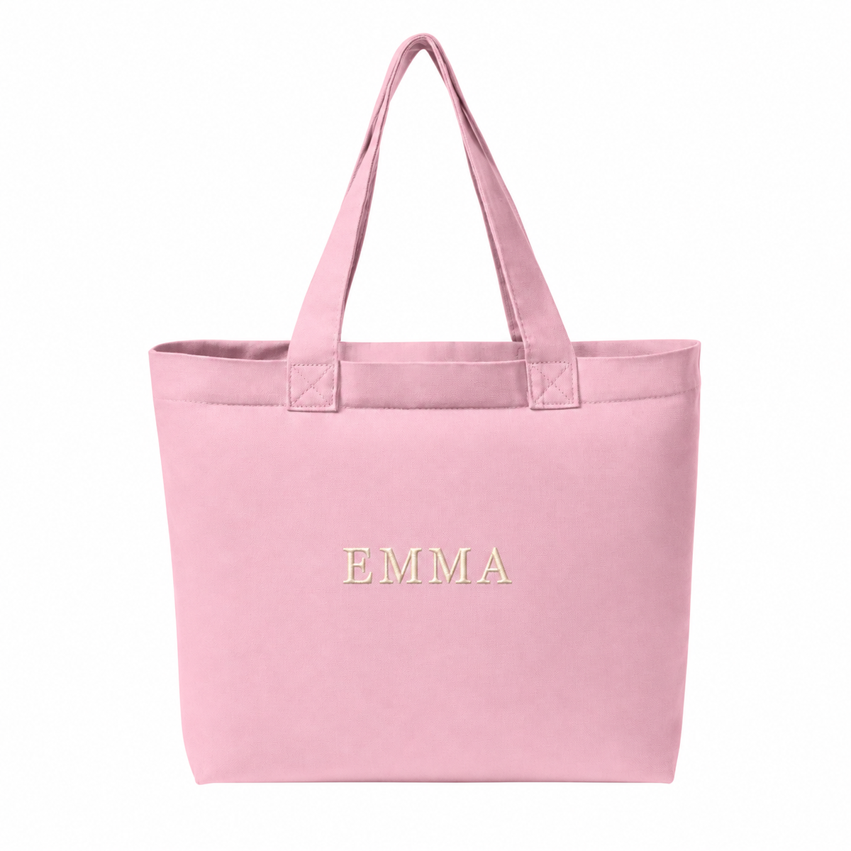 Rose Quartz Comfort Colors CCET0 tote with sample cream EMMA embroidered name centered on the front panel — placement mockup