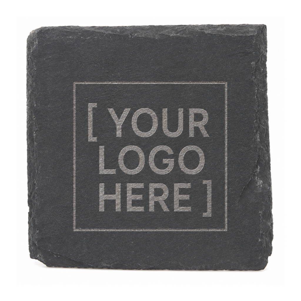 Square black slate coaster with rough natural edges and a custom engraved business logo placeholder.
