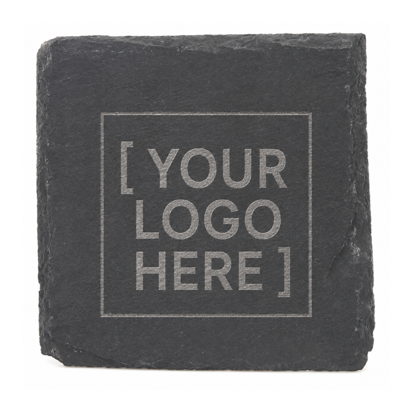 Square black slate coaster with rough natural edges and a custom engraved business logo placeholder.