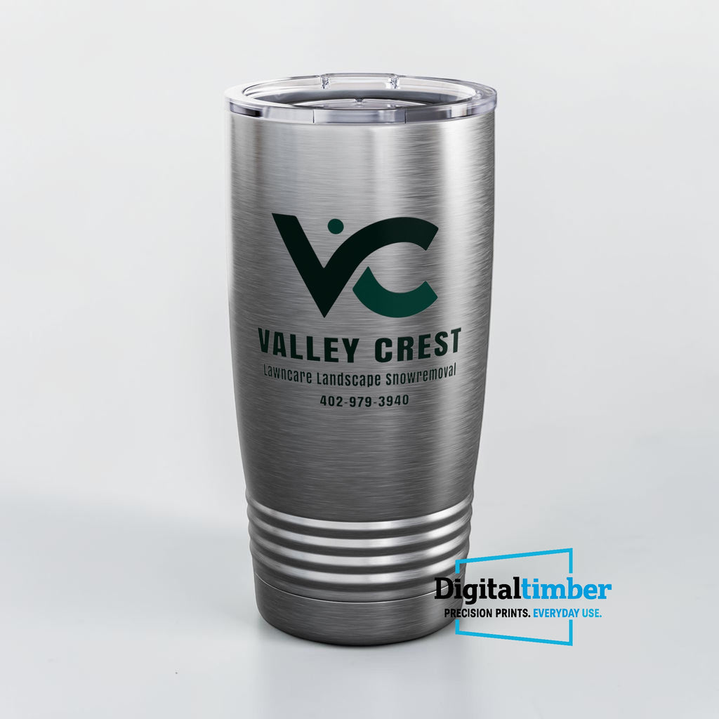 Custom UV printed 20oz stainless steel tumbler with Valley Crest Lawncare business logo and contact info — example by DigitalTimber