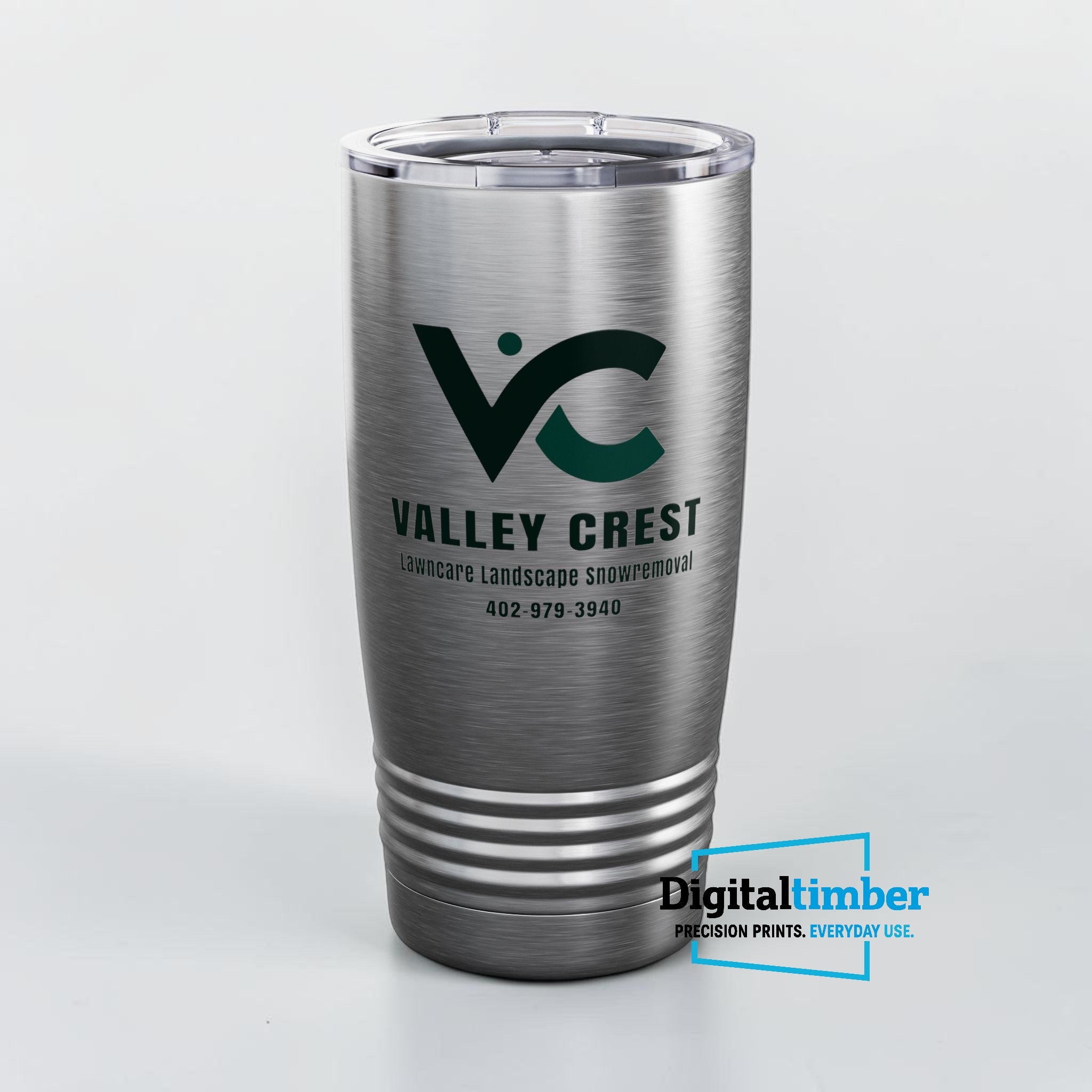 Custom UV printed 20oz stainless steel tumbler with Valley Crest Lawncare business logo and contact info — example by DigitalTimber
