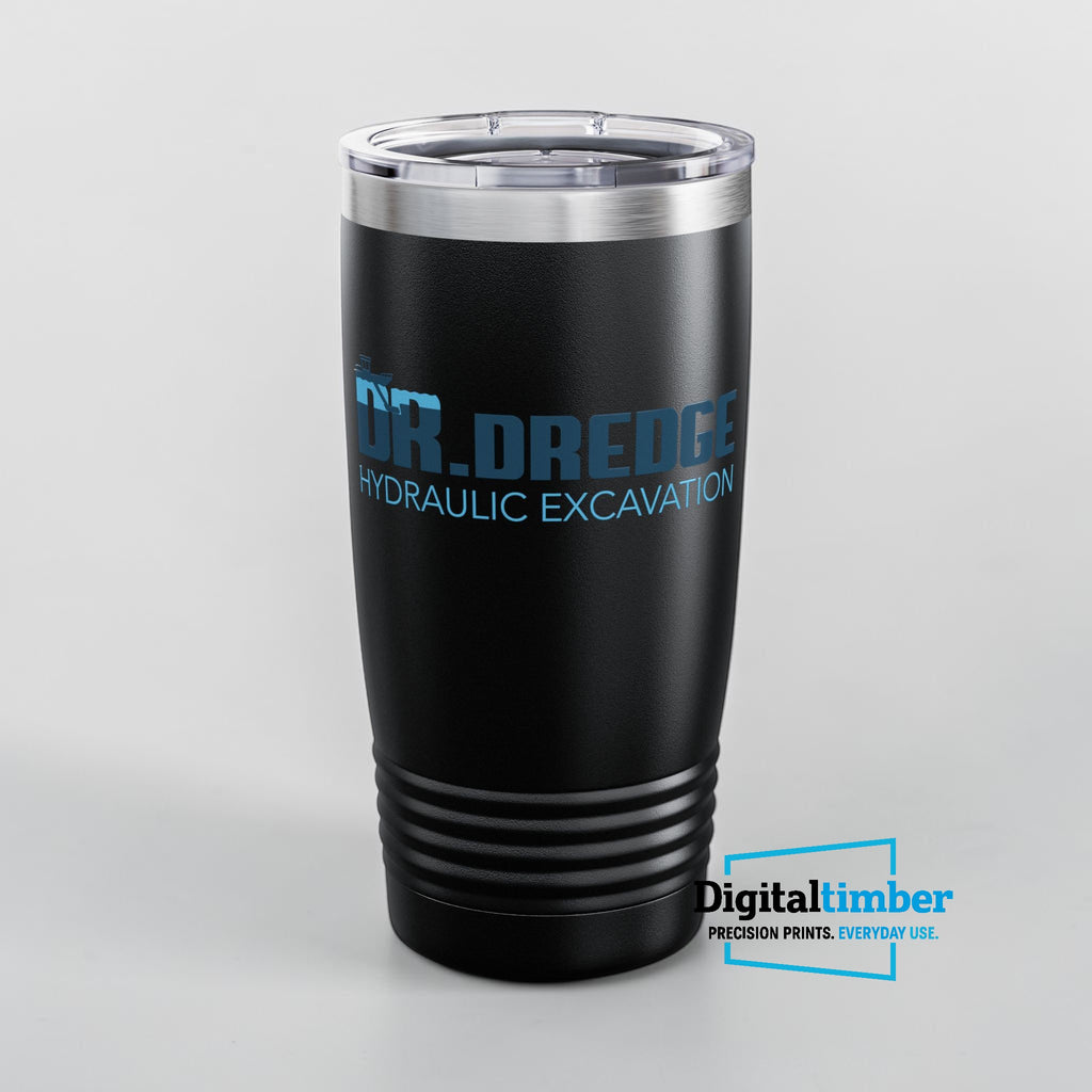 Custom UV printed 20oz black stainless steel tumbler with Dr. Dredge Hydraulic Excavation company logo — example by DigitalTimber