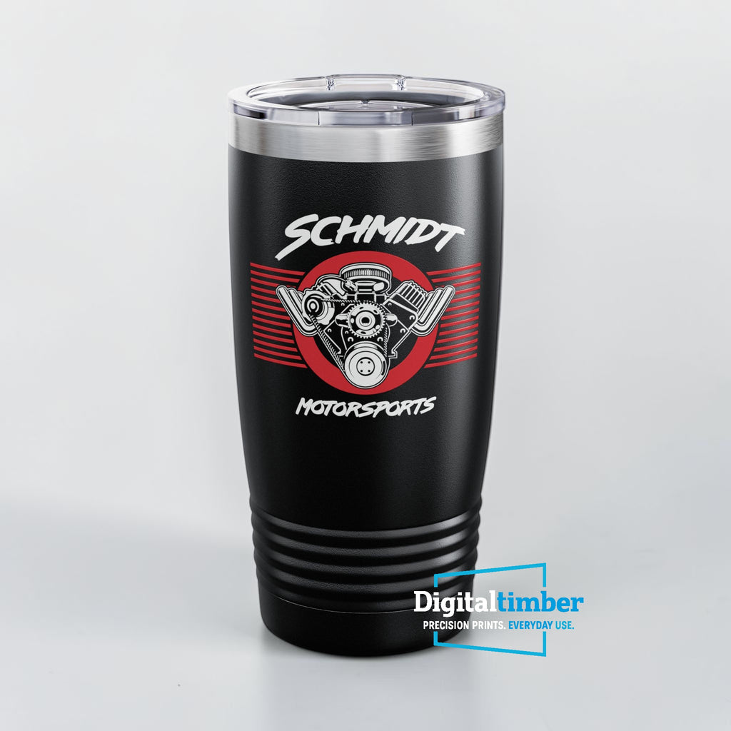 Custom UV printed 20oz black stainless steel tumbler with Schmidt Motorsports full-color logo — example by DigitalTimber