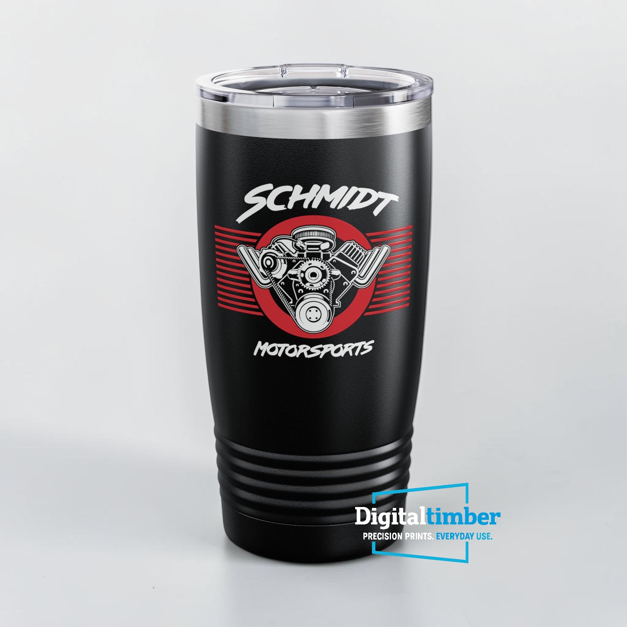 Custom UV printed 20oz black stainless steel tumbler with Schmidt Motorsports full-color logo — example by DigitalTimber