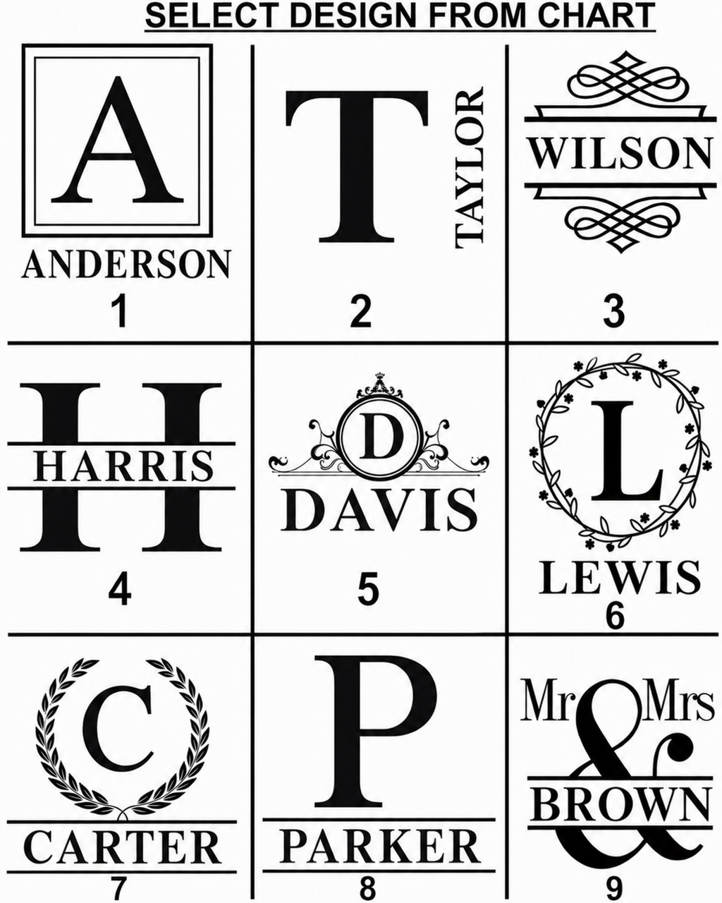 A black-and-white design chart titled 'SELECT DESIGN FROM CHART' showing nine monogram and nameplate options labeled 1 through 9, with sample names including Anderson, Taylor, Wilson, Harris, Davis, Lewis, Carter, Parker, and Mr. & Mrs.