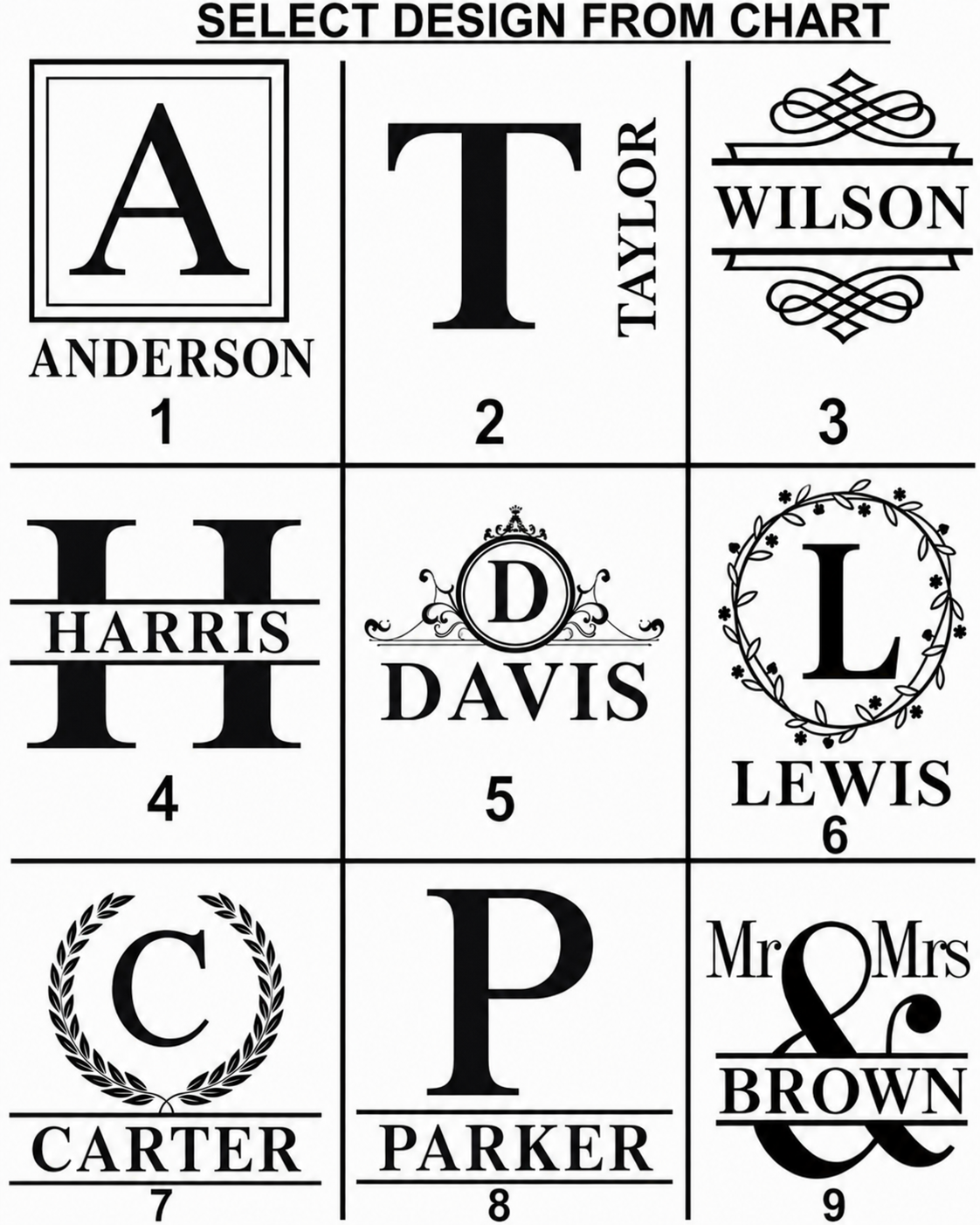 A black-and-white design chart titled 'SELECT DESIGN FROM CHART' showing nine monogram and nameplate options labeled 1 through 9, with sample names including Anderson, Taylor, Wilson, Harris, Davis, Lewis, Carter, Parker, and Mr. & Mrs.
