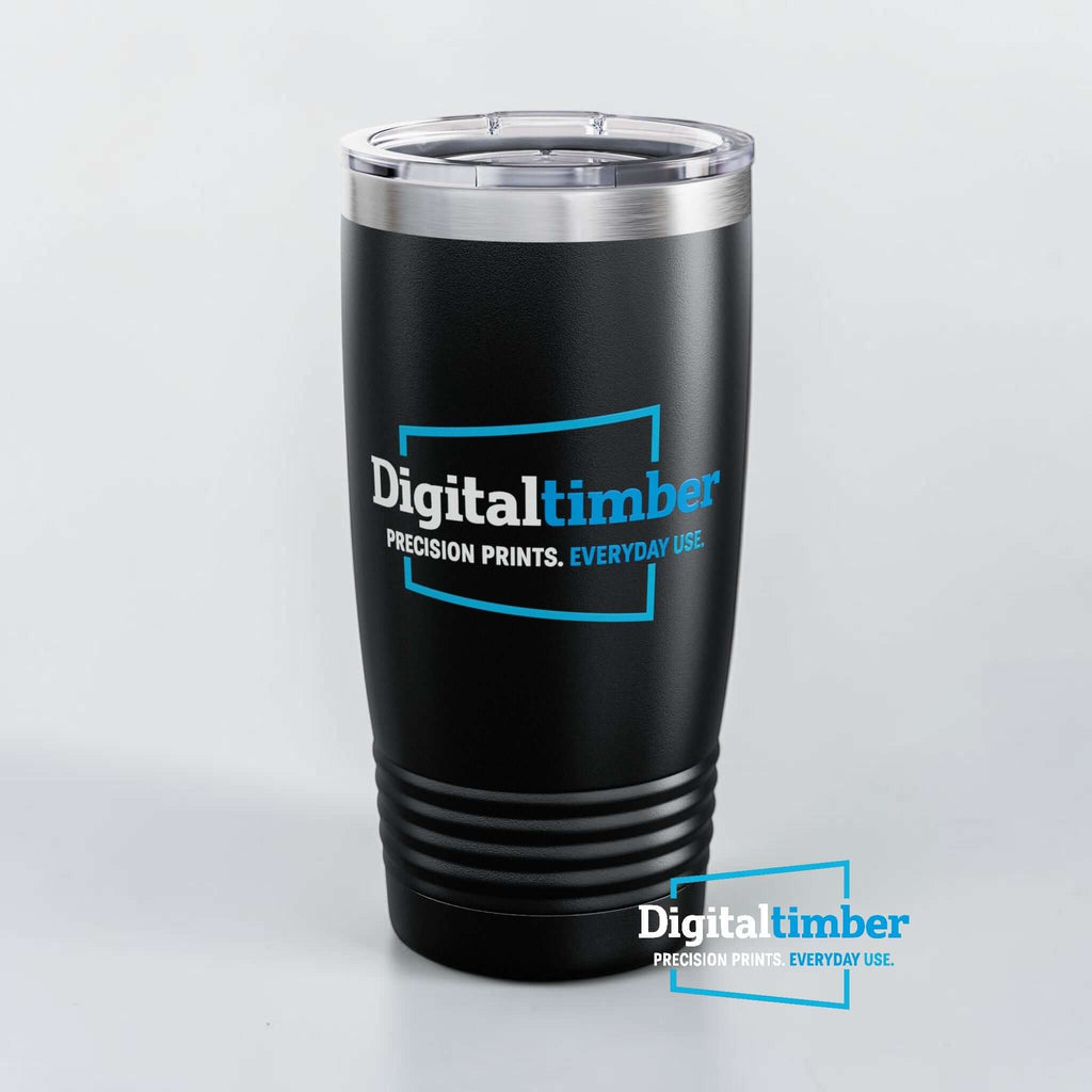 Custom UV printed 20oz tumbler featuring DigitalTimber branding