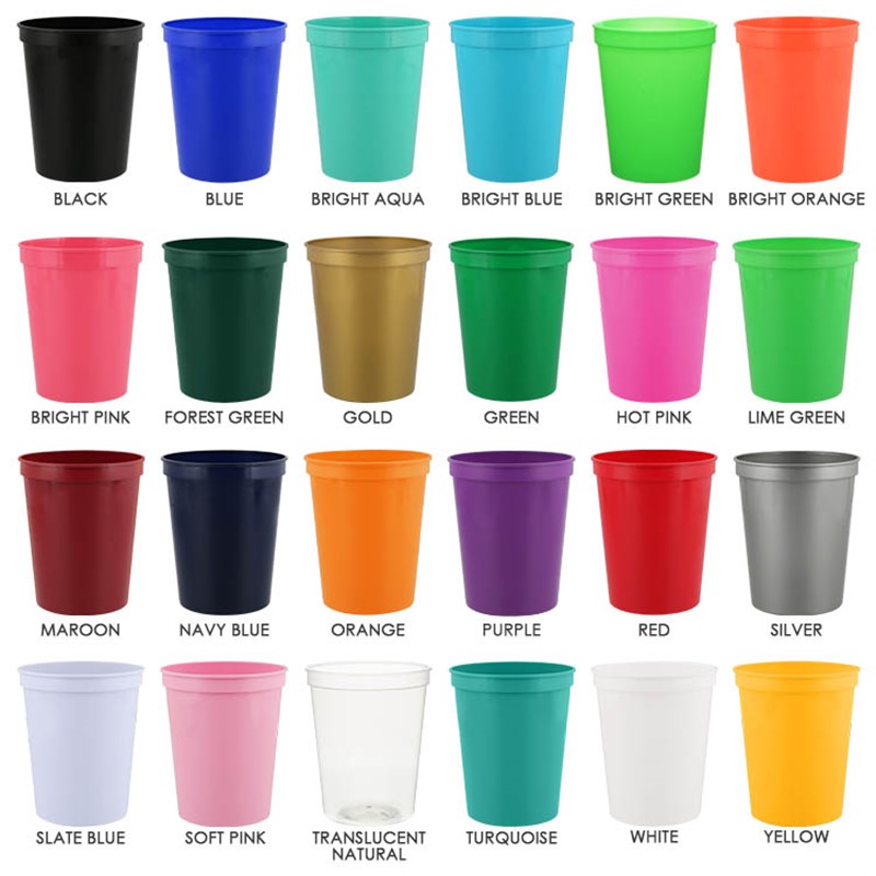 A grid of 24 plastic cup color options labeled with names such as Black, Blue, Bright Aqua, Bright Blue, Bright Green, Bright Orange, Bright Pink, Forest Green, Gold, Green, Hot Pink, Lime Green, Maroon, Navy Blue, Orange, Purple, Red, Silver, Slate Blue, Soft Pink, Translucent Natural, Turquoise, White, and Yellow.